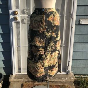 Long 90’s Colonial Print Pencil Skirt with Panels